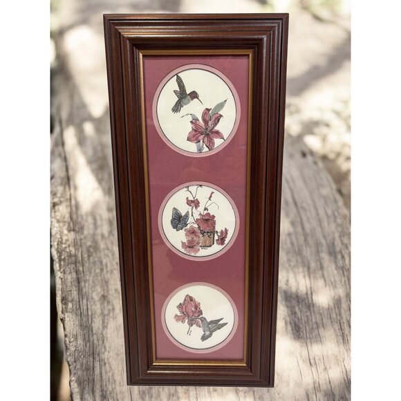 Framed Jean Miste Prints With Hummingbird & Butterfly Floral Designs In Burgundy - Picture 1 of 8